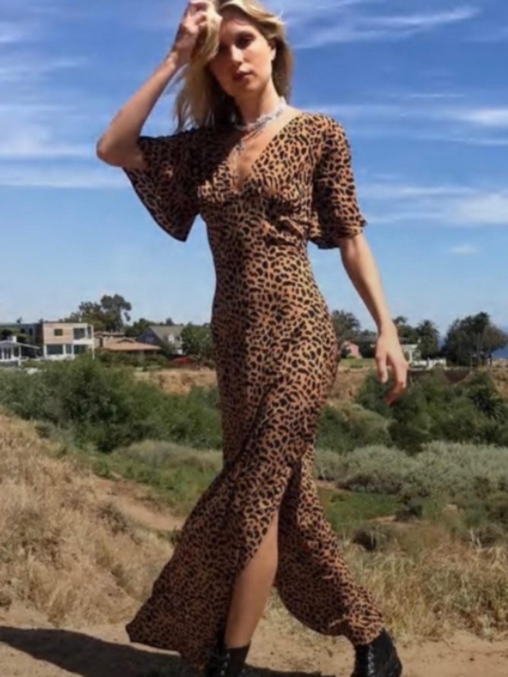 Flowy slit leopard print dress